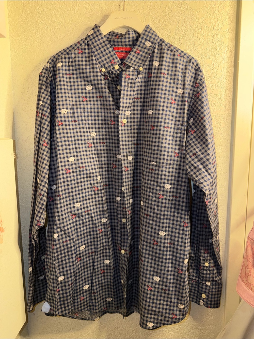 Daniel Cremieux Blue Gingham Button-Down Shirt with White and Red gambling logos
